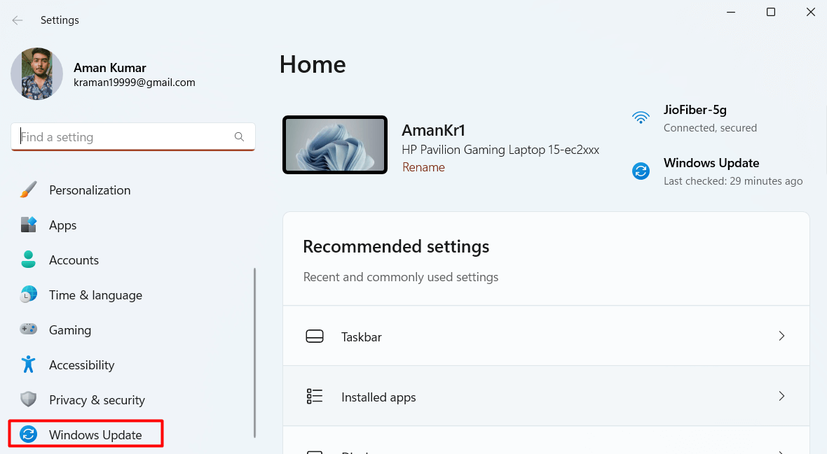 "Windows Update" highlighted in Windows 11 Settings.