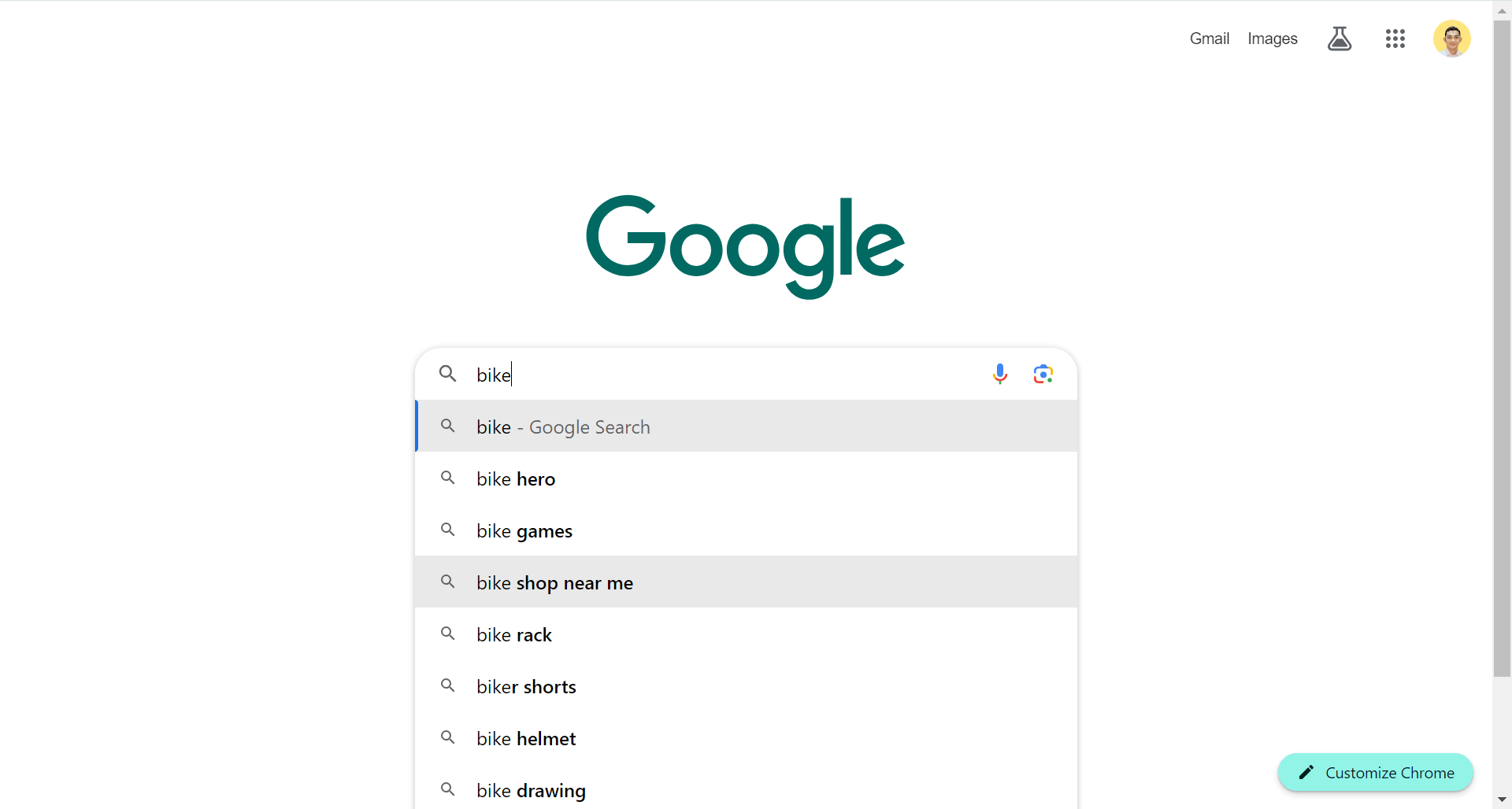 "bike" typed on Google Search.