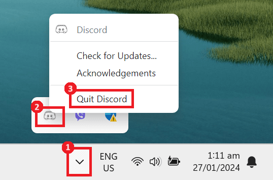"Quit Discord" option highlighted in system tray.