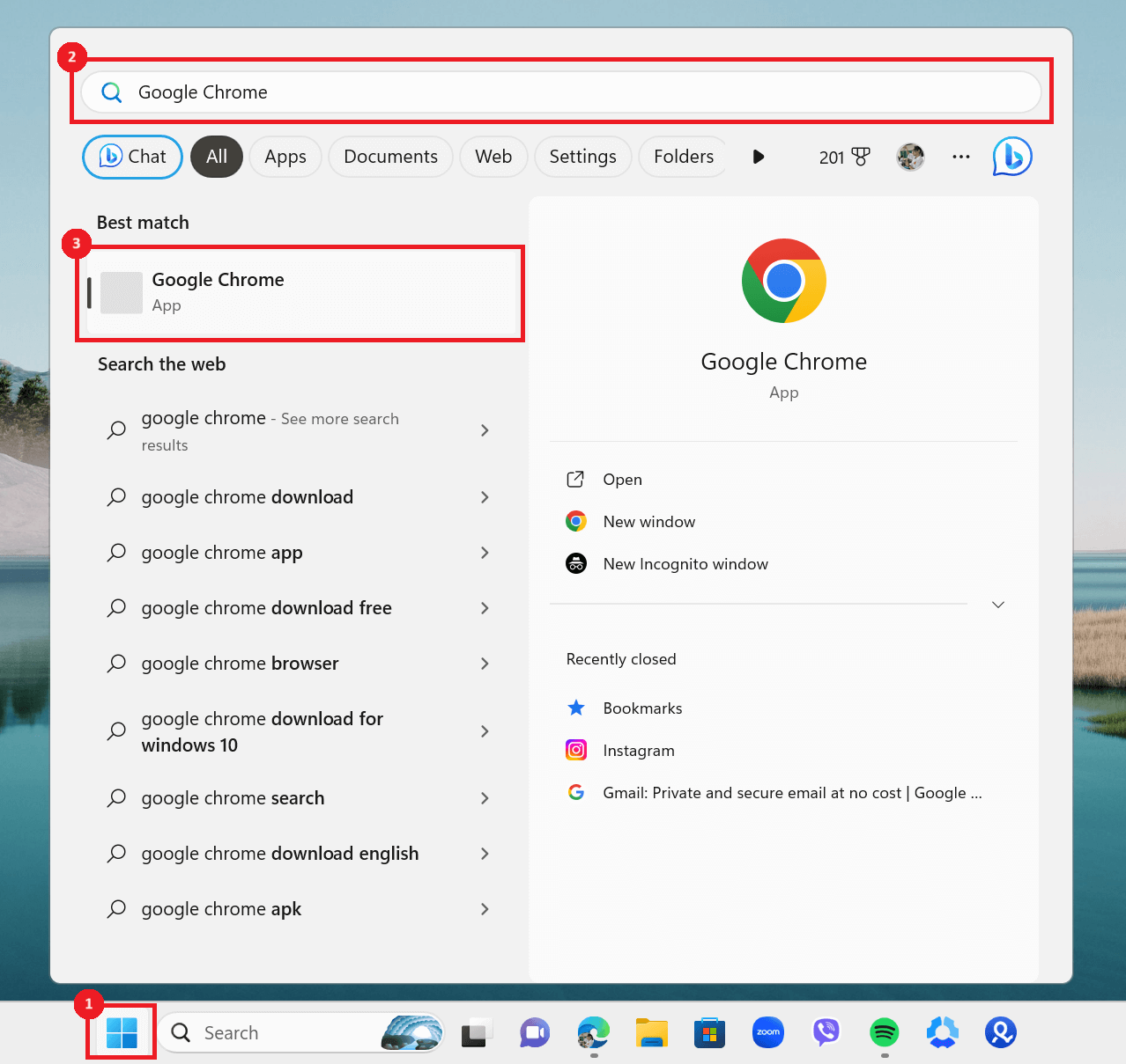 Google Chrome app highlighted in Windows Search.
