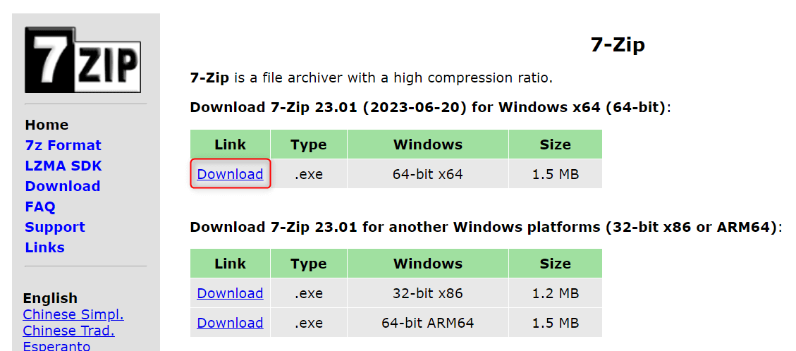 "Download" link highlighted in 7-Zip website.