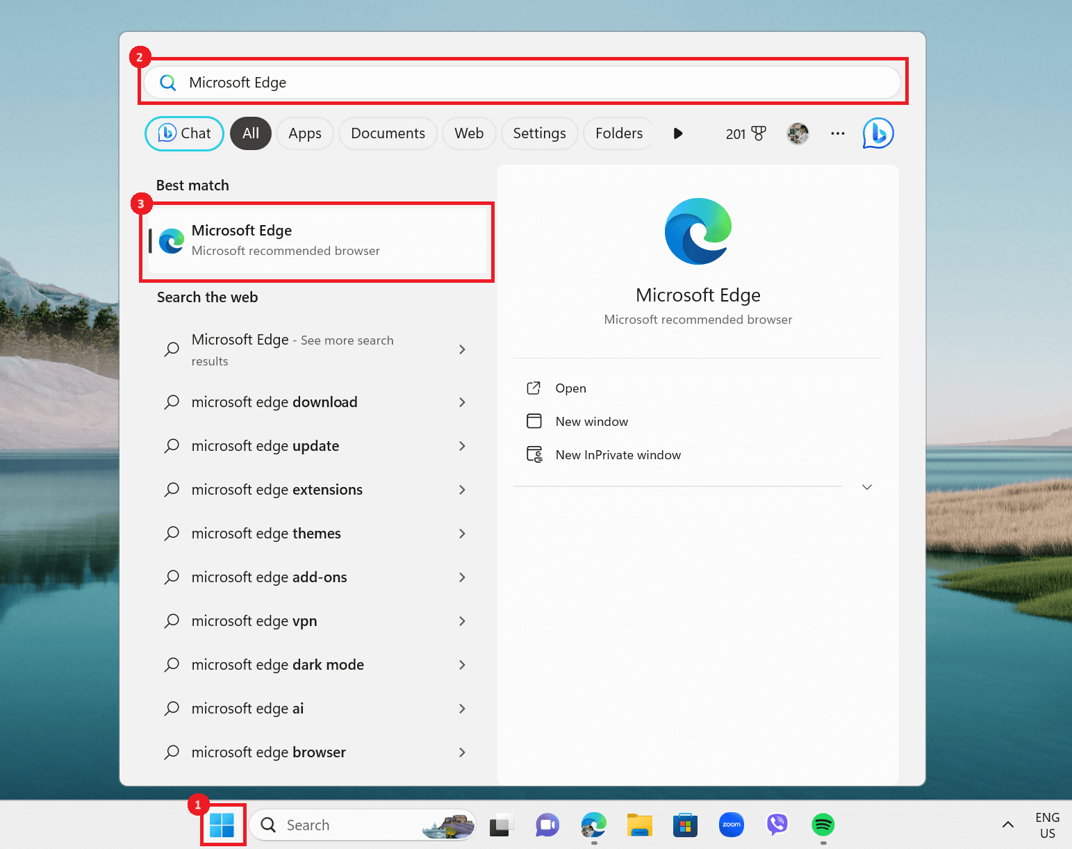 "Microsoft Edge" typed in Start menu search.