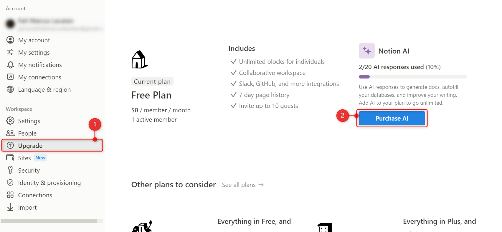 "Upgrade" and "Purchase AI" highlighted in Notion.