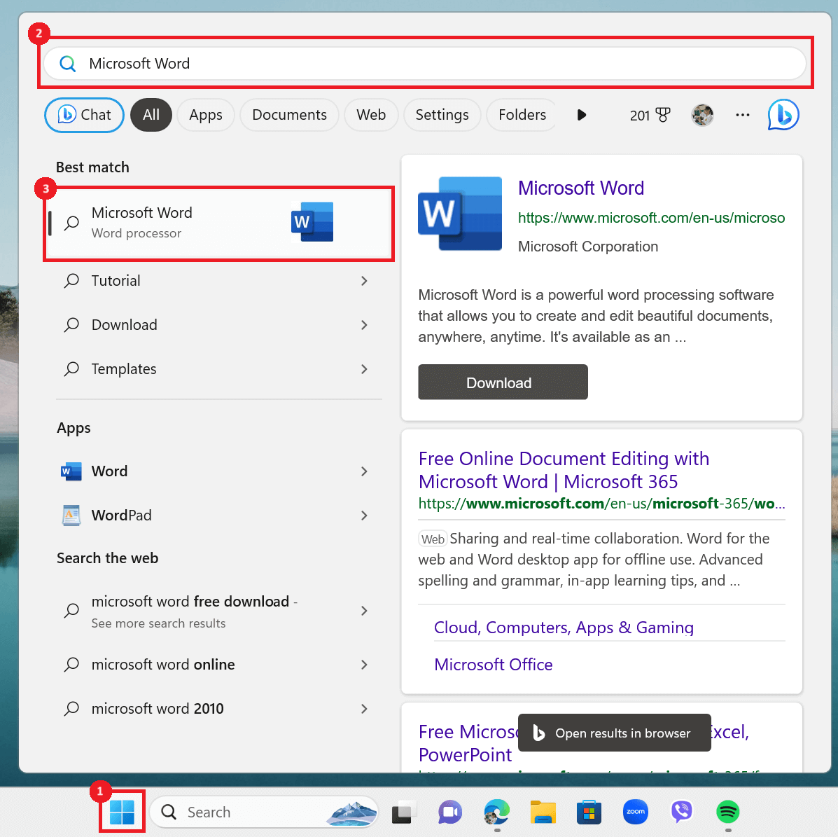 Microsoft Word highlighted in Windows Start menu.