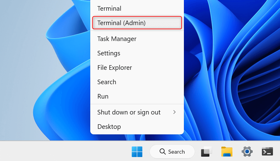 "Terminal (Admin)"option highlighted in WinX menu.