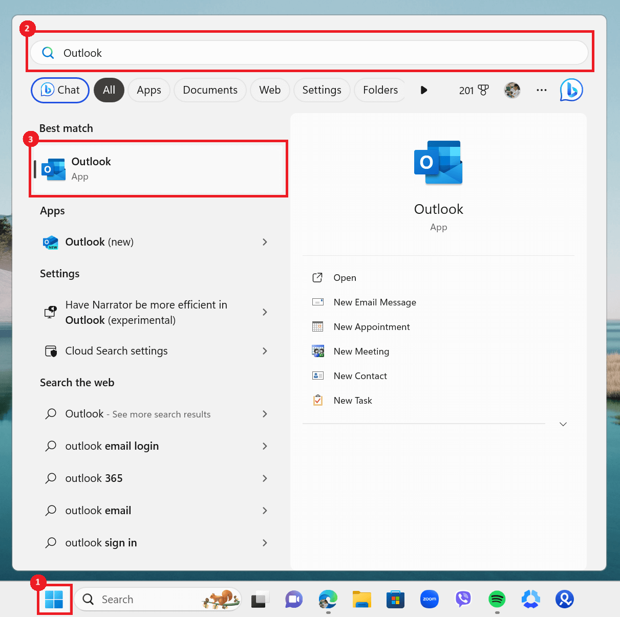 Outlook app highlighted in Windows search