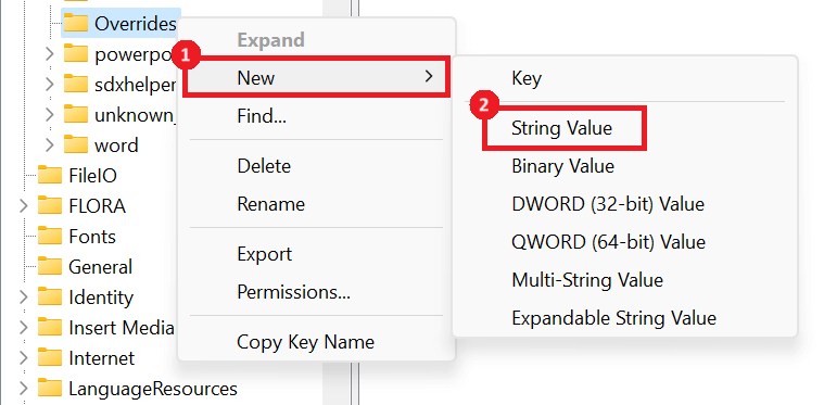 "New String Value" option in Registry Editor