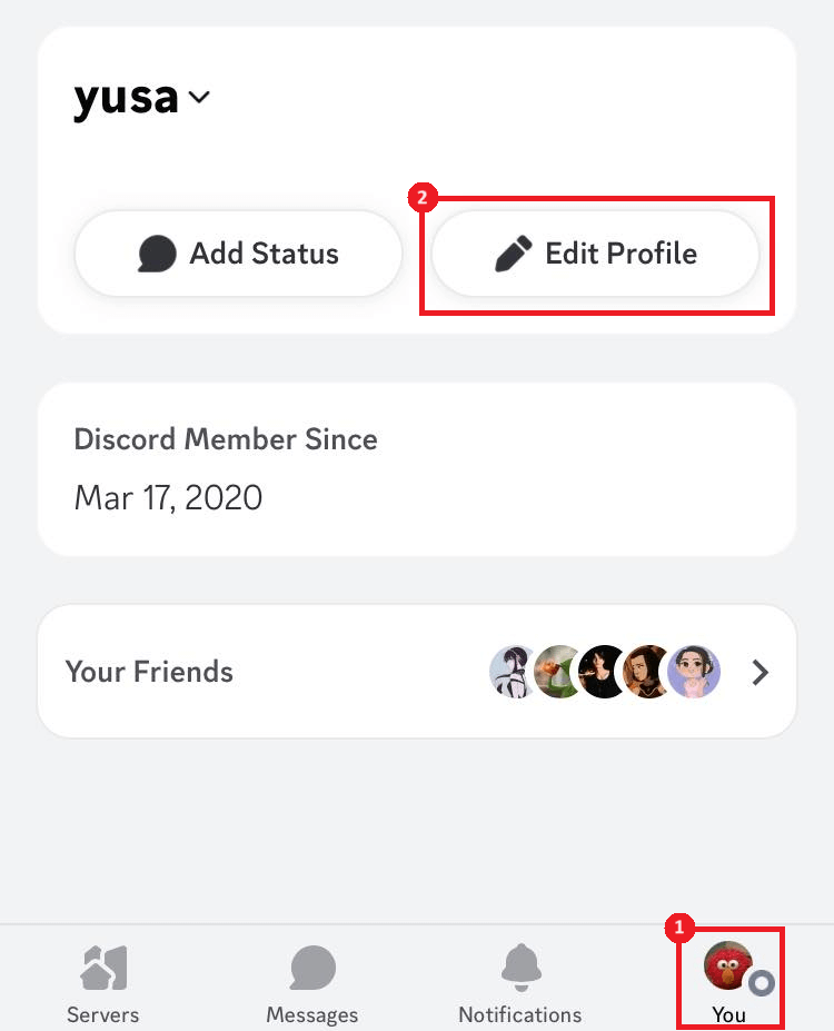 "Edit profile" button in Discord mobile app.