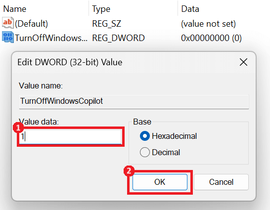 "Value data" and "OK" highlighted on the DWORD edit window.