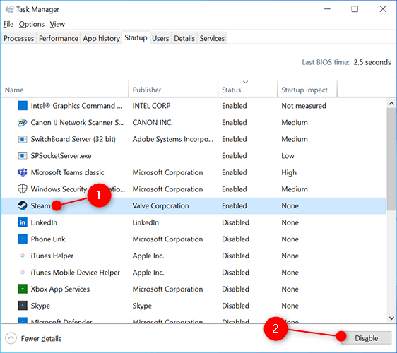 "Steam" and "Disable" highlighted in Task Manager.