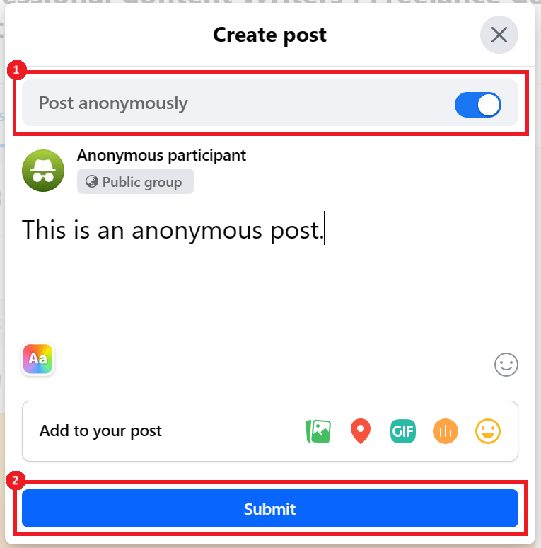 "Post anonymously" and "Submit" button highlighted in Facebook for web.