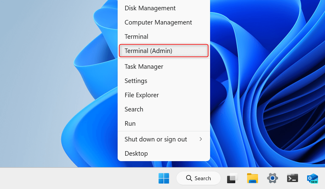 "Terminal (Admin)" highlighted in the Power User Menu.