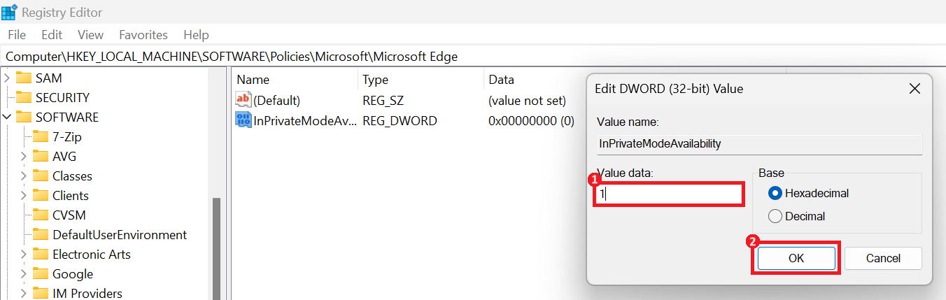 "Value data" and "OK" highlighted on the edit DWORD window.