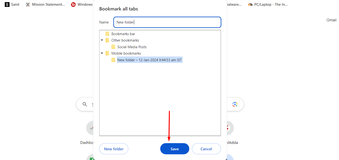 "Save" button in the "Bookmark all tabs" dialog