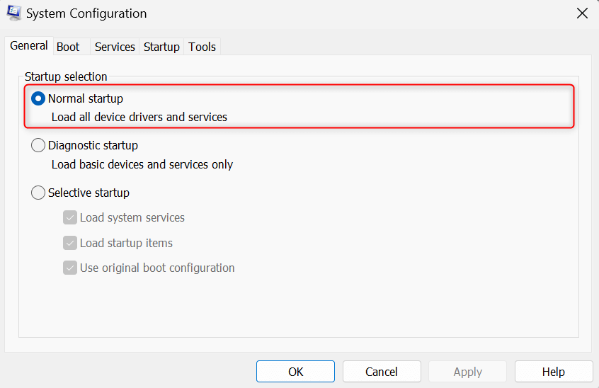 "Normal Startup" option in "General" tab of System Configuration utility.
