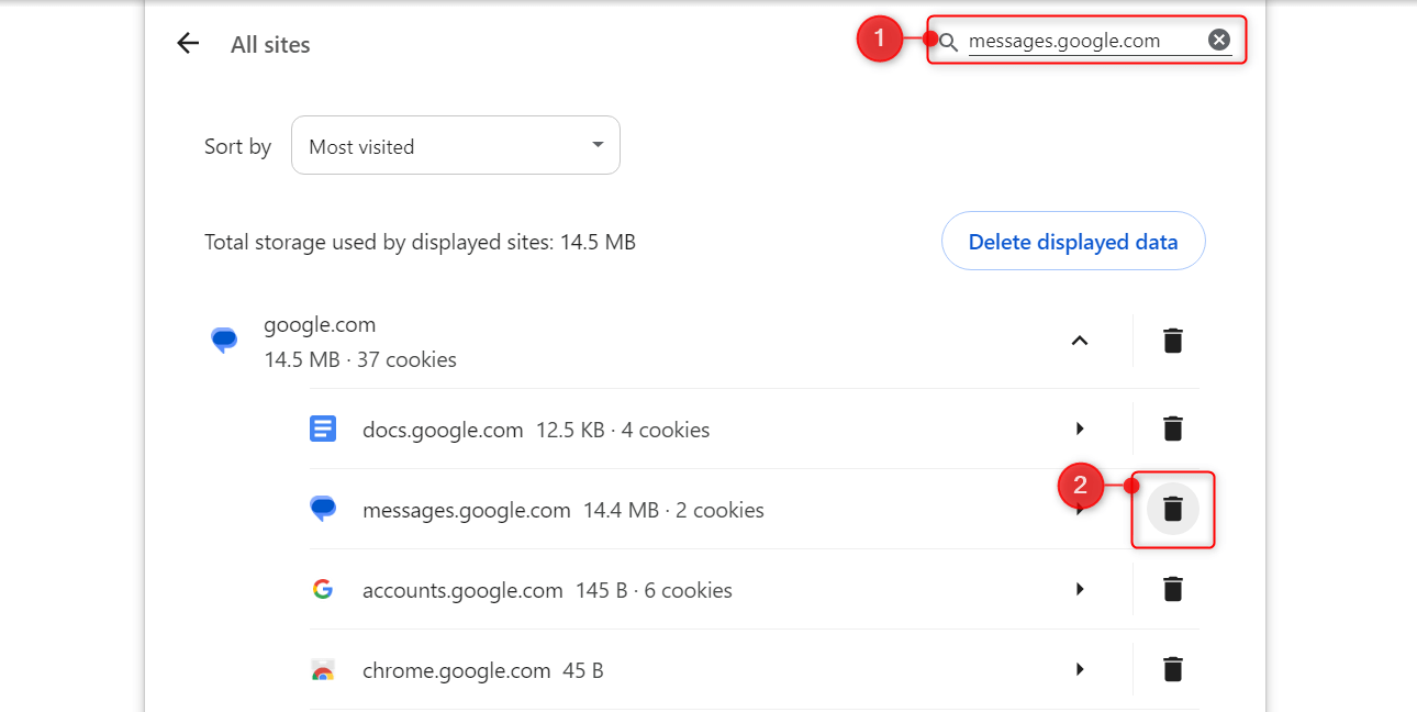 Clear site data for messages.google.com in Chrome.
