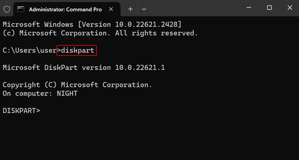 "diskpart" command executed in Command Prompt.