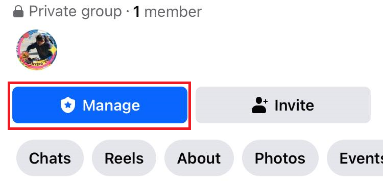 "Manage" button highlighted in a Facebook group.