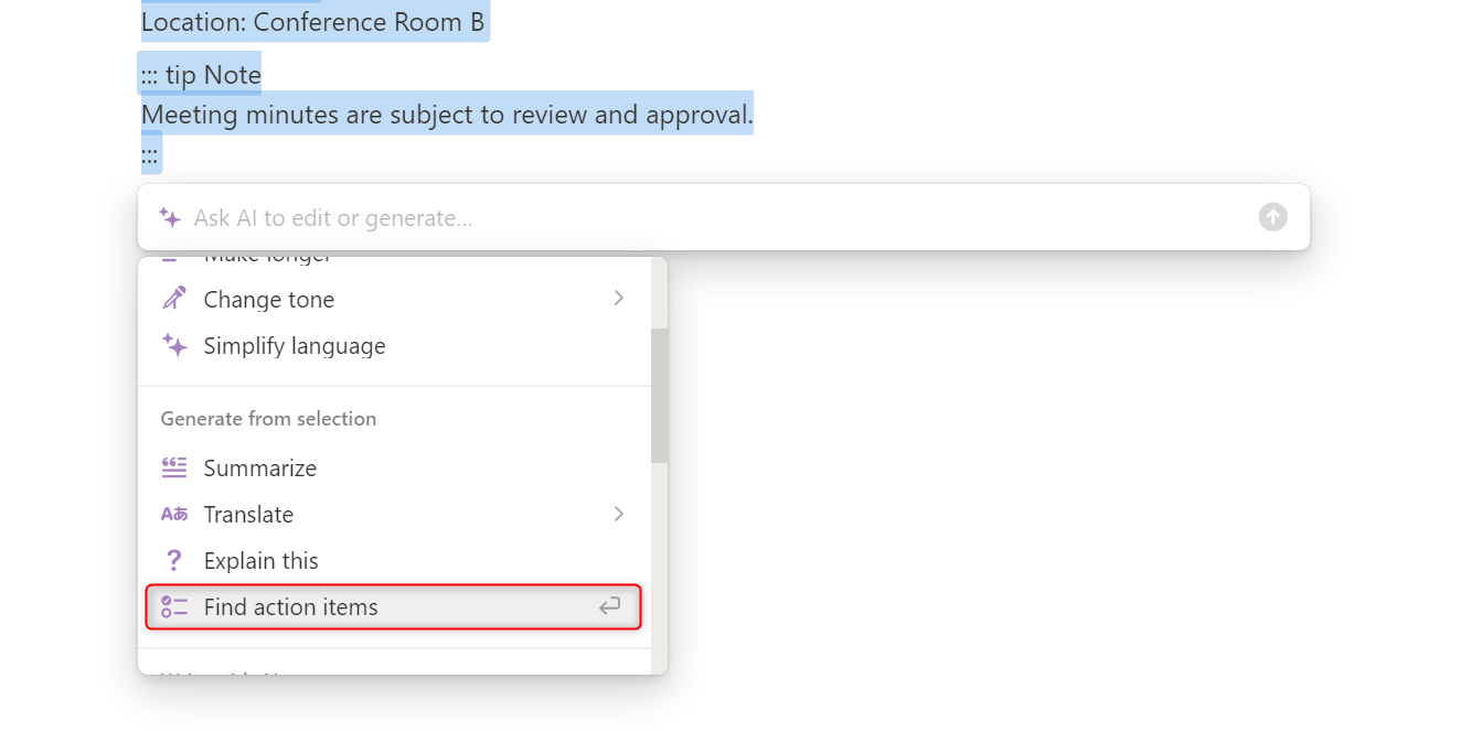 "Find action items" highlighted in Notion.