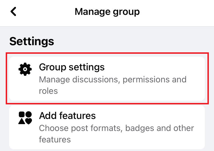 "Group settings" option in Facebook group settings page.