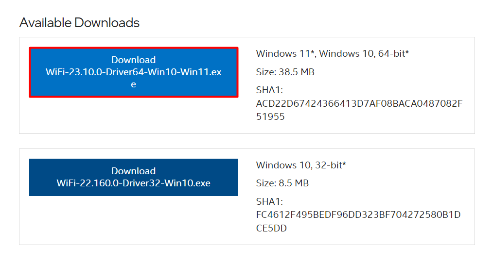 "Download" highlighted for Wi-Fi drivers on the Intel website.