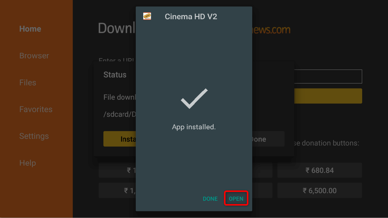 "Open" highlighted for Cinema HD in Downloader.