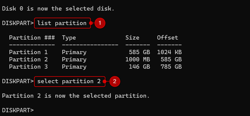 "list partition" and "select partition 2" typed in Command Prompt.