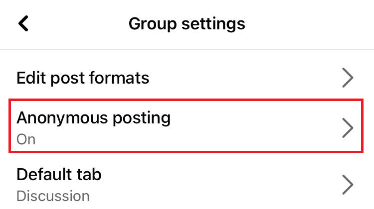 "Anonymous posting" option in Facebook group settings.