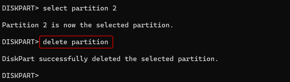 "delete partition" typed in Command Prompt.