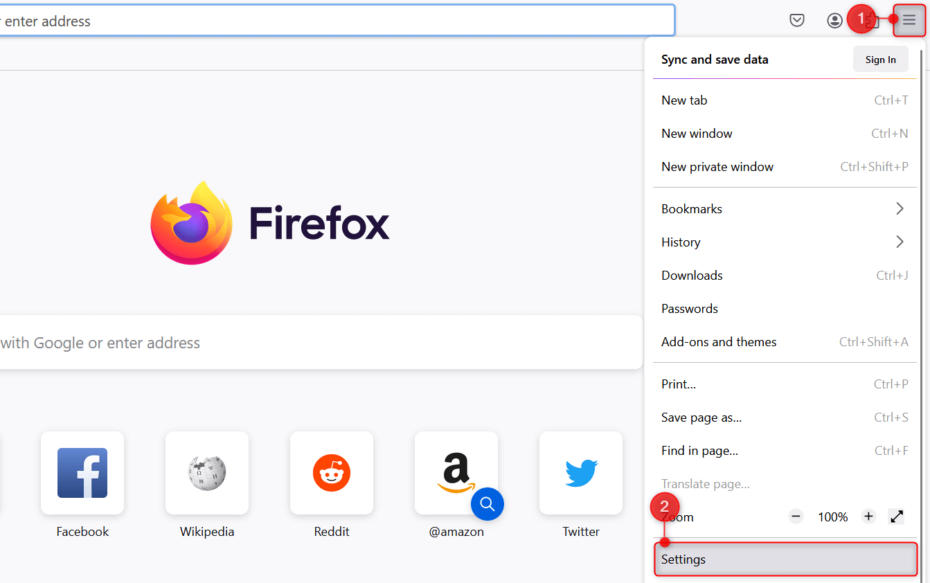 The hamburger menu and "Settings" highlighted in Firefox.
