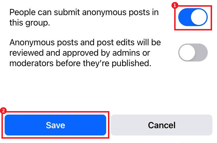 "People can submit anonymous posts in this group" option highlighted in Facebook.
