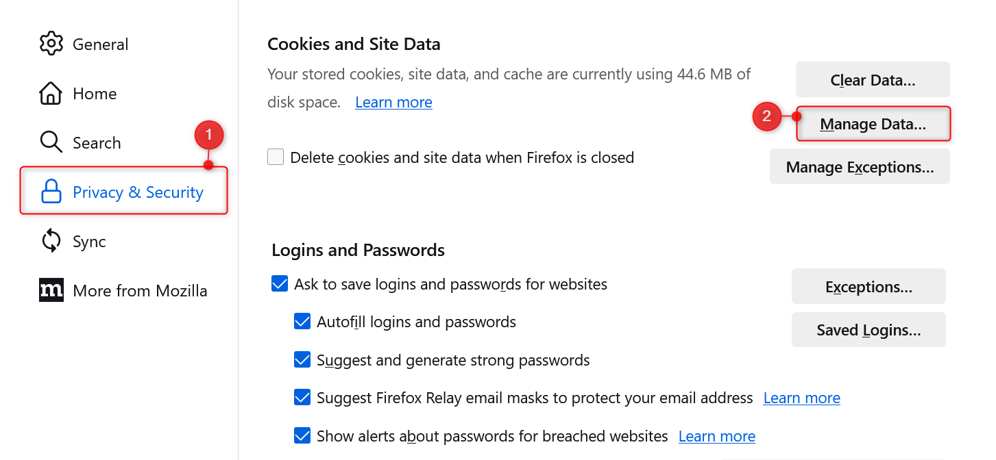 "Privacy & Security" and "Manage Data" highlighted in Firefox Settings.