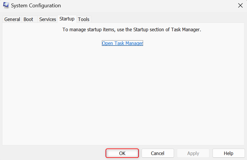 "OK" button highlighted in System Configuration Startup tab.