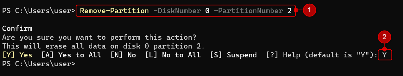 "Remove-Partition" command in PowerShell.