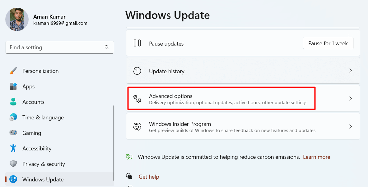 "Advanced options" highlighted in Windows Update.