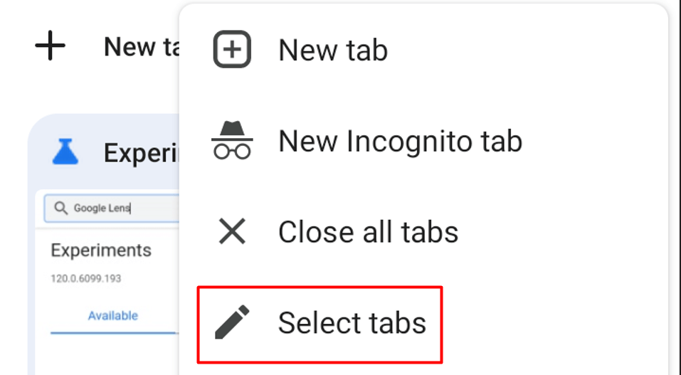 "Select tabs" option highlighted in Google Chrome