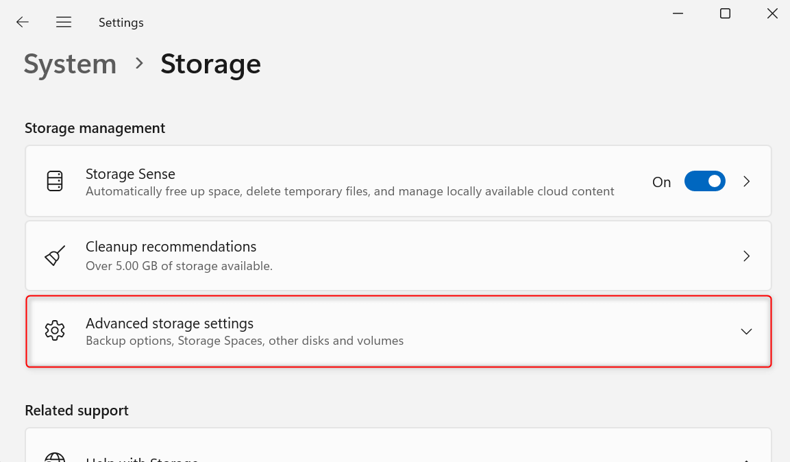 "Advanced storage settings" highlighted on the "Storage" screen.