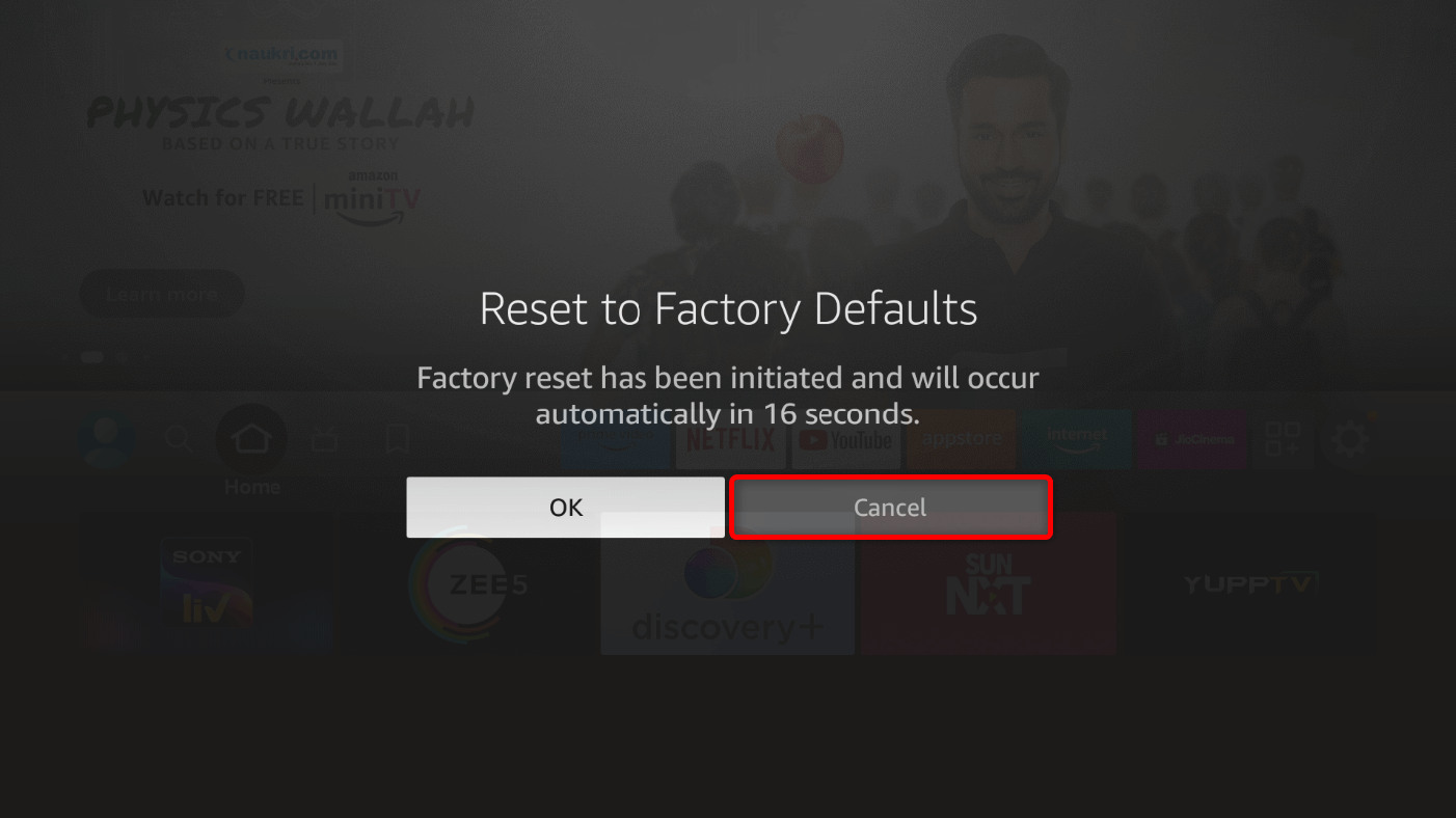"Cancel" highlighted in the "Reset to Factory Defaults" prompt.