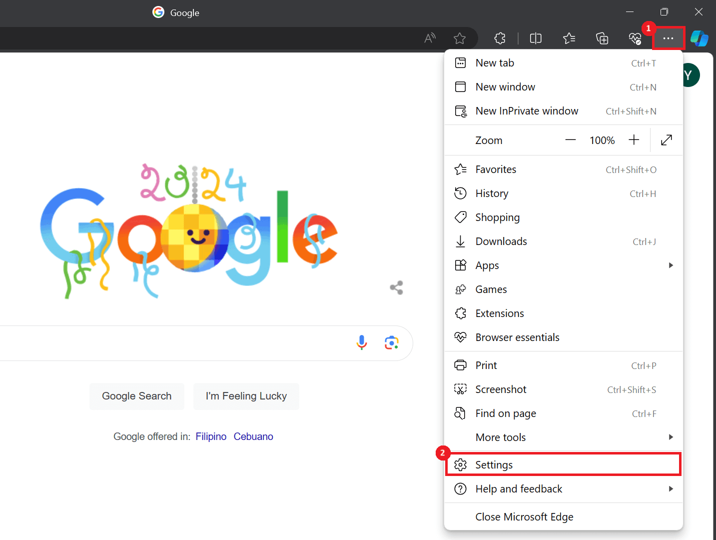 Three-dot menu and "Settings" highlighted in Edge.