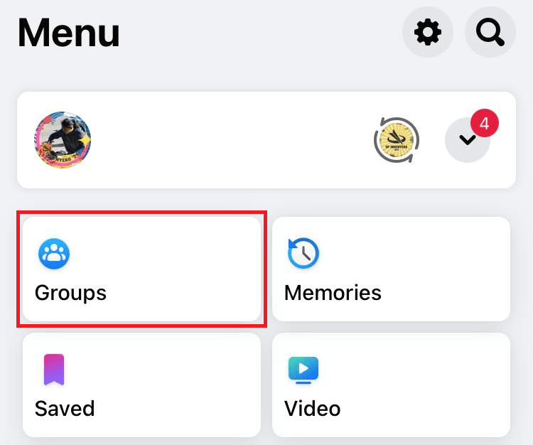 "Groups" highlighted in Facebook menu.