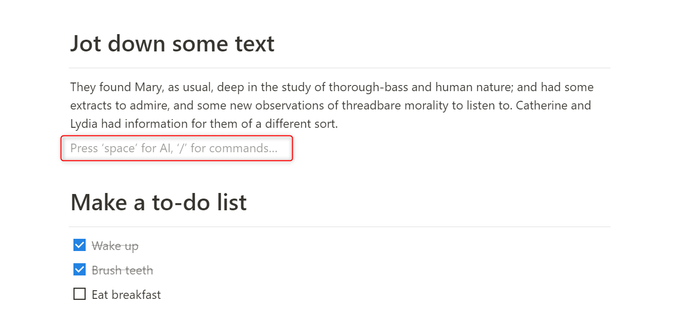 "Press ‘space’ for AI, ‘/’ for commands" field highlighted in Notion.