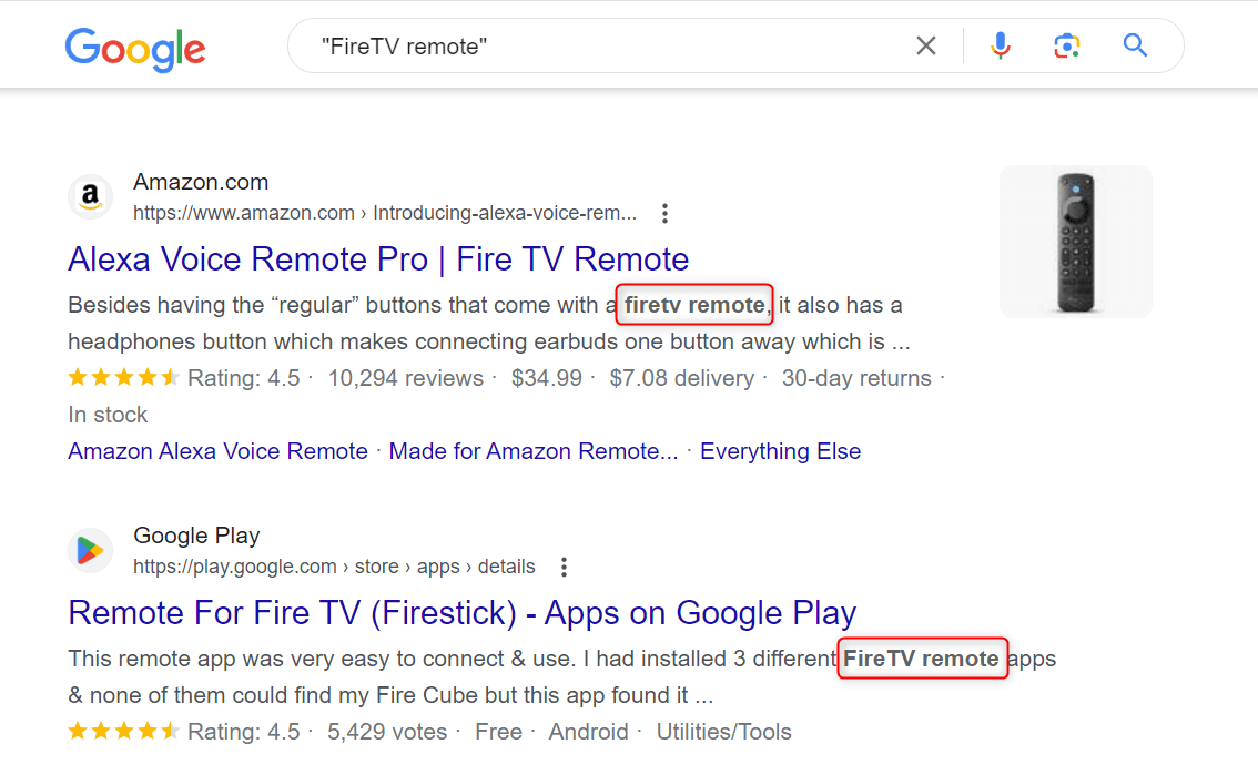 "FireTV remote" highlighted on Google Search results page.