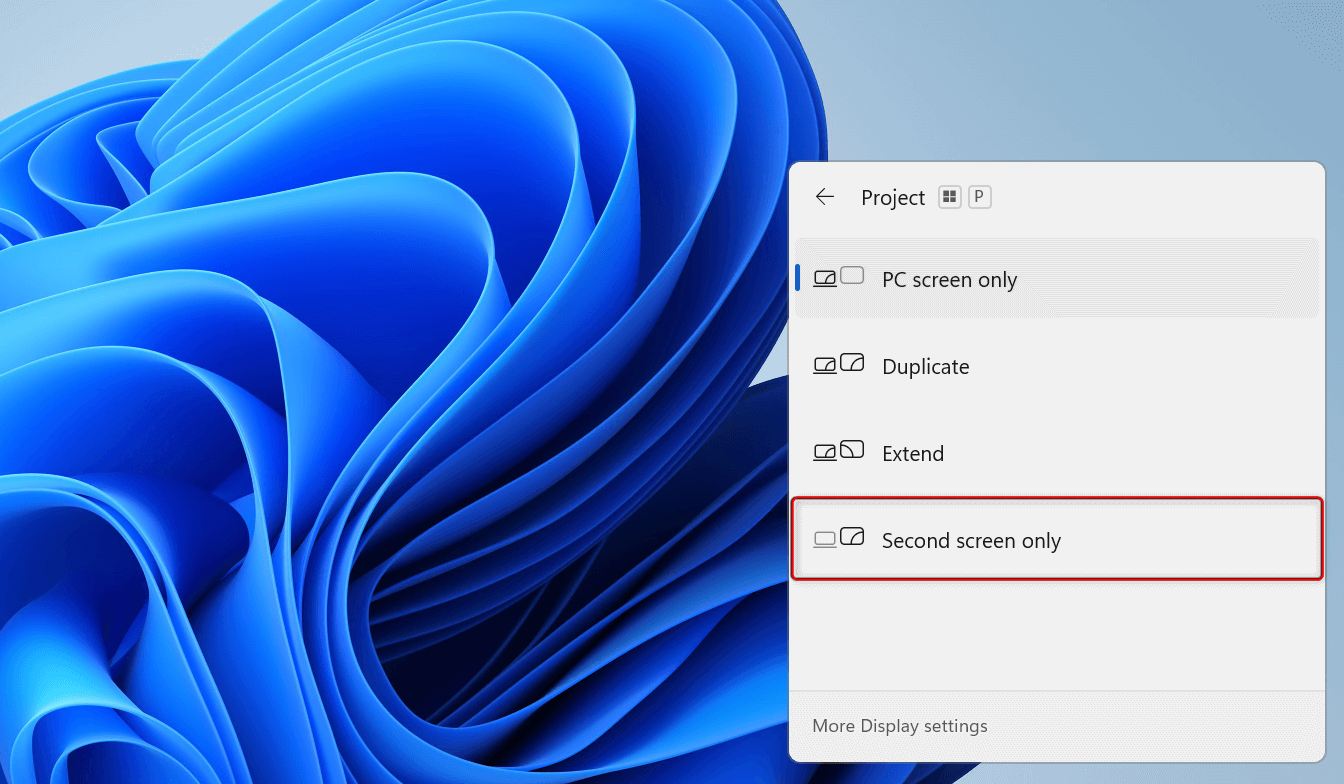 "Second screen only" highlighted in the projection options menu.
