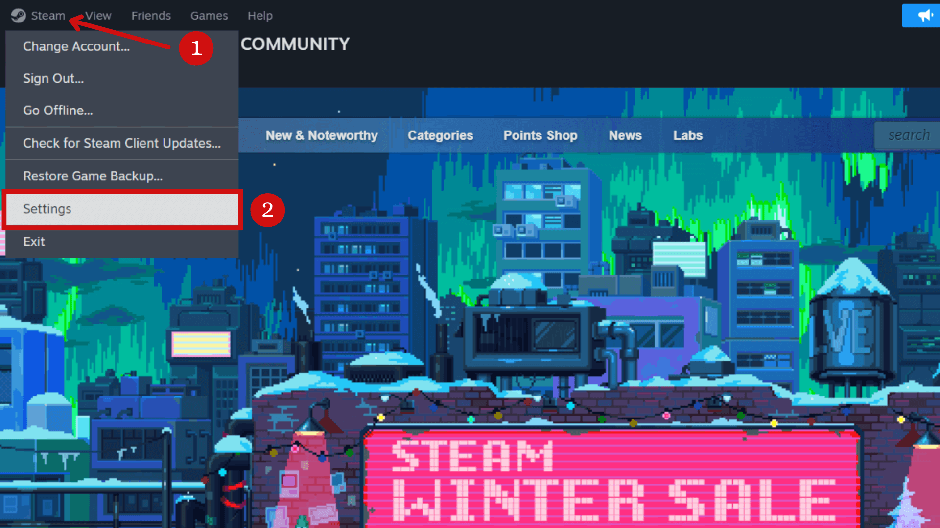 "Steam" and "Settings" highlighted in Steam.
