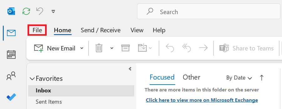 "File" tab highlighted in the Outlook desktop app