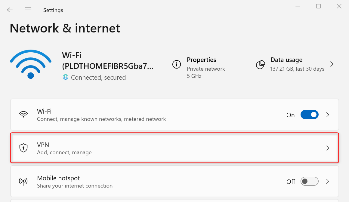 "VPN" option highlighted in Windows Settings.