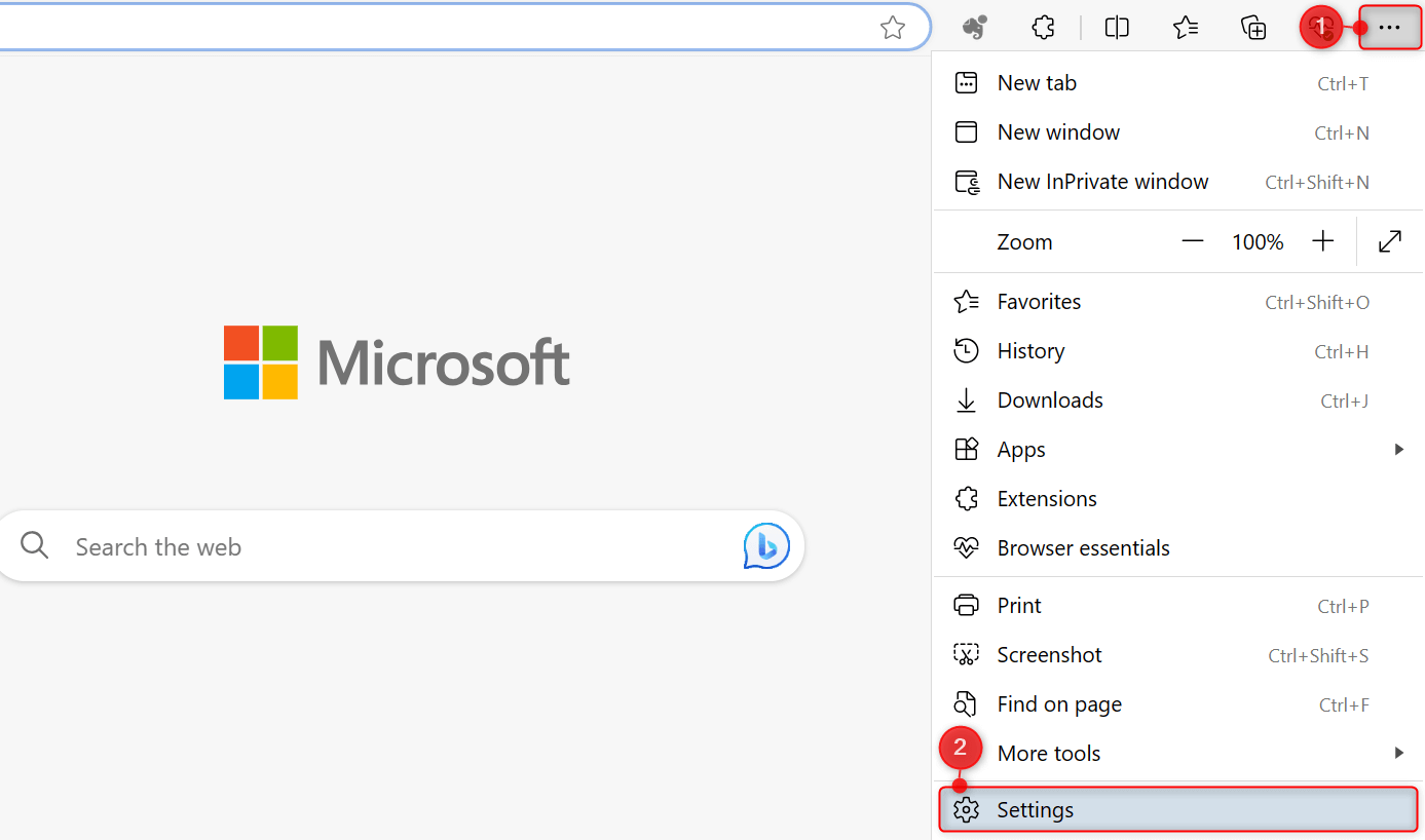Three-dot menu and "Settings" highlighted in Edge.