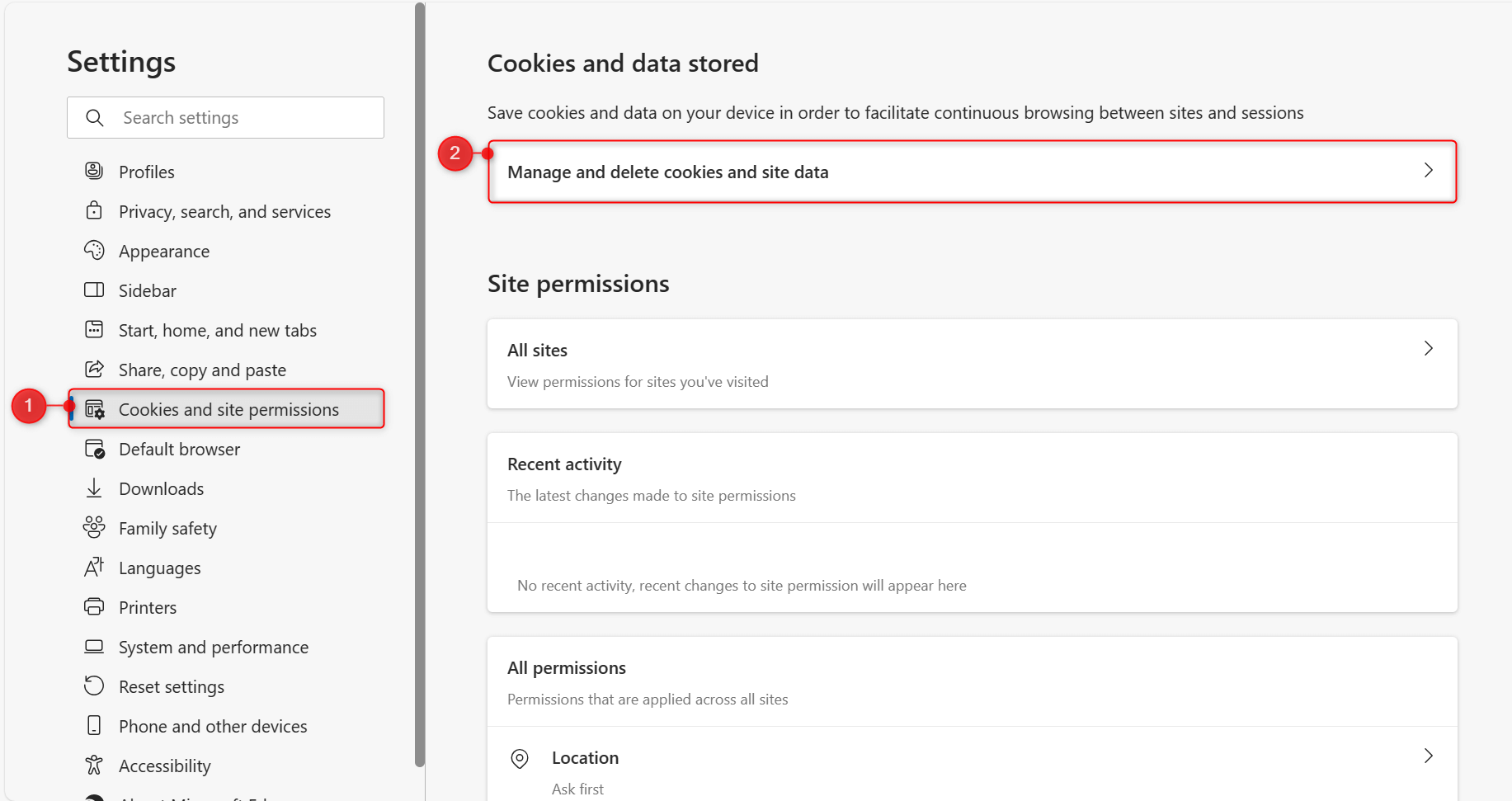 "Cookies and site permissions" and "Manage and delete cookies and site data" highlighted in Edge Settings.