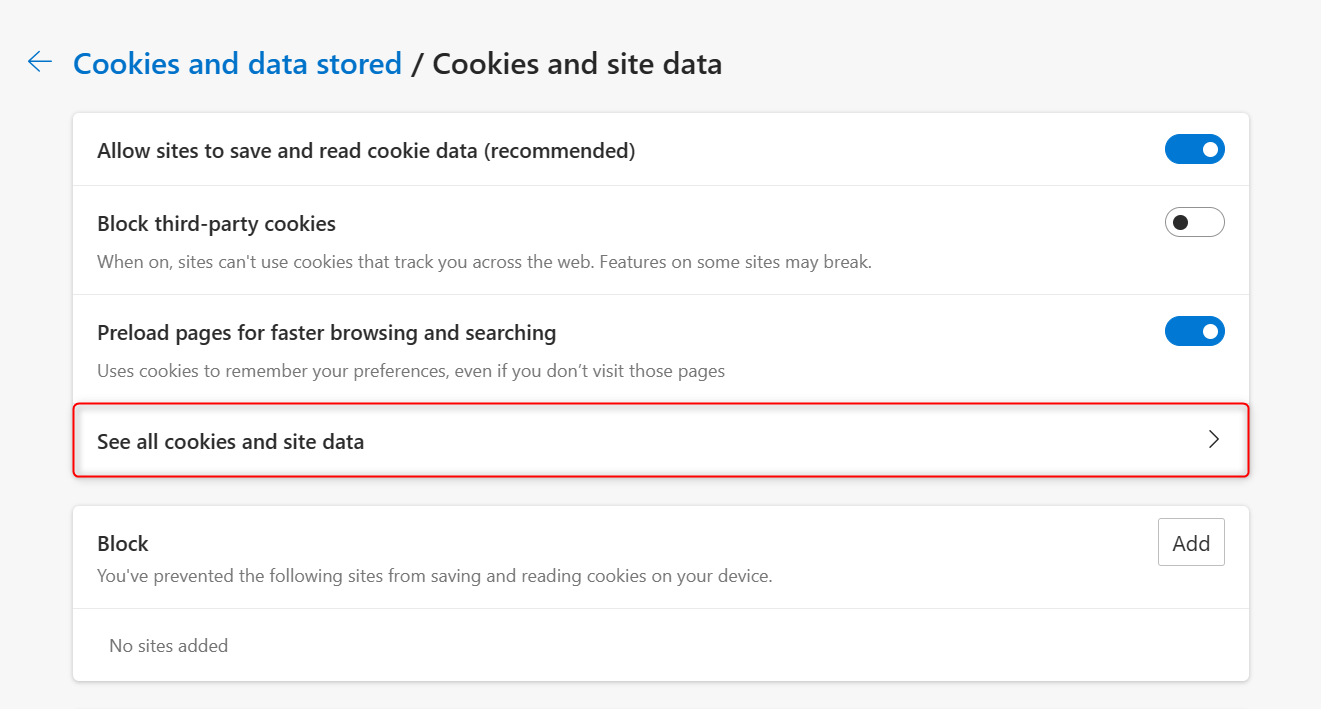 "See all cookies and site data" highlighted in Edge Settings.