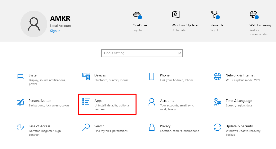 "Apps" highlighted in Windows 10 Settings.
